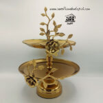 تصویر شیرینی خوری فلزی مدل گل و برگ دو طبقه طلایی