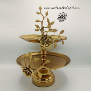 تصویر شیرینی خوری فلزی مدل گل و برگ دو طبقه طلایی