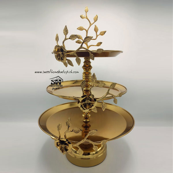 تصویر شیرینی خوری فلزی مدل گل و برگ سه طبقه طلایی
