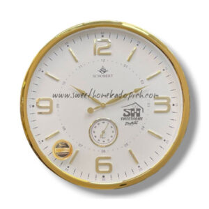 تصویر ساعت دیواری فلزی شوبرت طلایی صفحه سفید