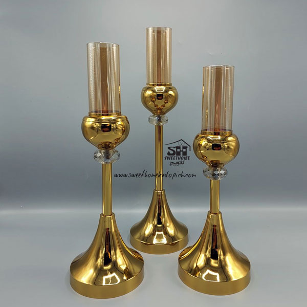 تصویر شمعدان رومیزی 3 سایز الماسی طلایی